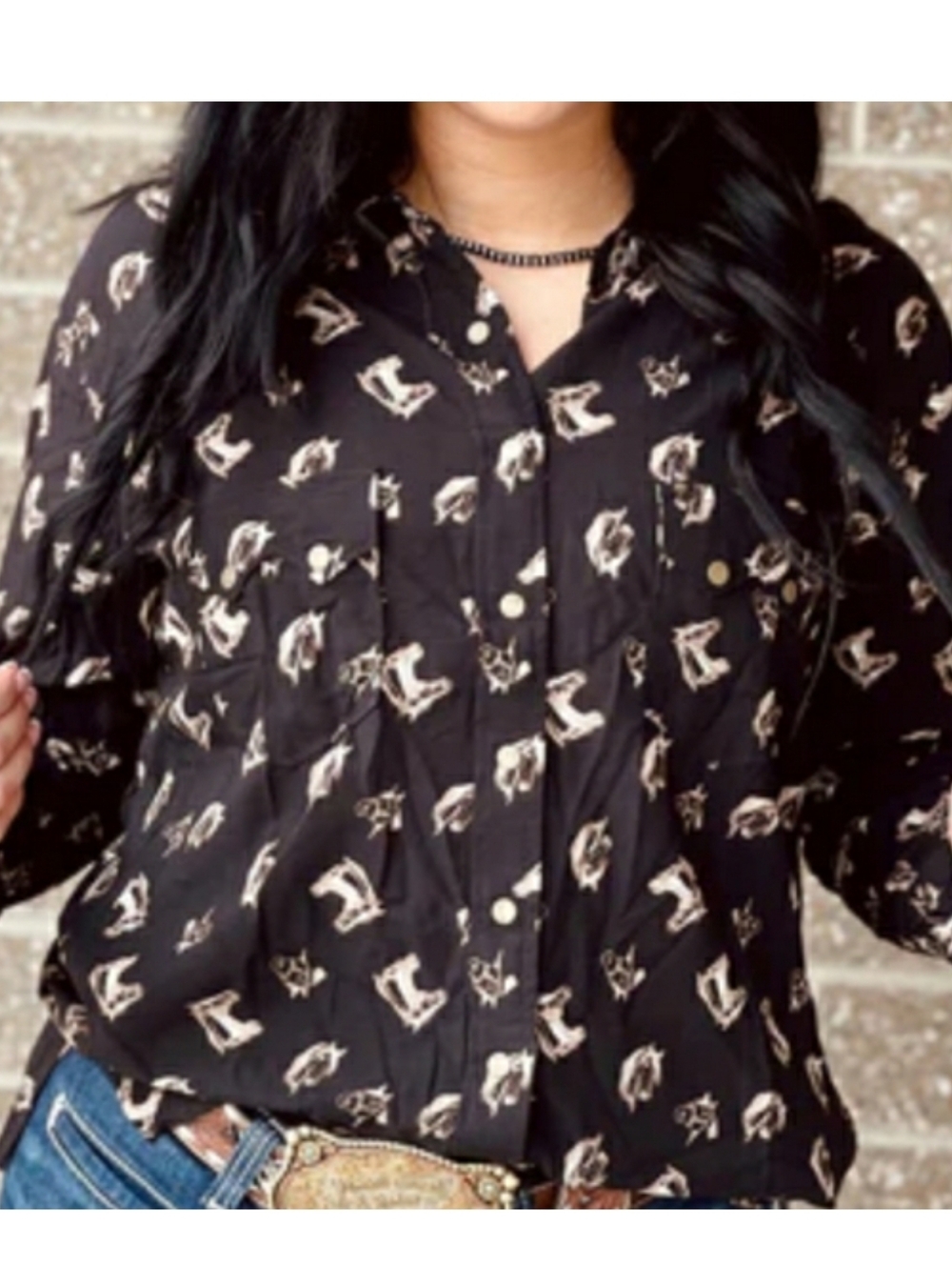 Cruel Denim Horse Equestrian Snap Down Shirt Black Tan Indie Medium M